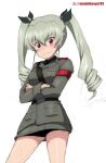  1girl anchovy_(girls_und_panzer) anzio_military_uniform artist_name bangs belt black_belt black_ribbon black_shirt blush closed_mouth commentary cowboy_shot crossed_arms dress_shirt embarrassed frown girls_und_panzer green_hair grey_jacket grey_skirt hair_ribbon jacket kayabakoro long_hair long_sleeves looking_at_viewer military military_uniform miniskirt red_eyes ribbon sam_browne_belt shirt simple_background sketch skirt solo standing twintails twitter_username uniform white_background wing_collar 