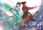  1boy 1girl back-to-back black_hair brown_hair doupo_cangqiong dress green_dress hair_bun hair_ornament hand_up holding holding_sword holding_weapon jacket leg_up long_hair long_sleeves pose red_jacket second-party_source short_hair sword tassel weapon wxh_hu xiao_yan_(doupo_cangqiong) yun_yun_(doupo_cangqiong) 