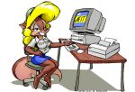  1993 3_toes 4_fingers aliasing amiga_(computer) amiga_family amy_squirrel anthro artist_name barefoot blonde_hair blue_clothing bottomwear brown_body brown_fur brown_nose clothed clothing commodore_international computer computer_keyboard computer_mouse countershade_face countershade_tail countershading crt desk digital_media_(artwork) dithering english_text eric_schwartz eyeshadow feet female fingers fully_clothed fur furniture grey_eyeshadow hair hat headgear headwear keyboard makeup mammal monitor plantigrade rodent sciurid shirt simple_background sitting skirt smile solo table tan_body tan_fur text toes topwear tree_squirrel white_background white_clothing 