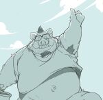  2022 anthro armpit_hair belly big_belly body_hair clothing cloud eyes_closed eyewear facial_piercing glasses humanoid_hands kemono male mammal nose_piercing nose_ring outside overweight overweight_male piercing ring_piercing shirt solo suid suina sus_(pig) taro_heppoko topwear wild_boar 