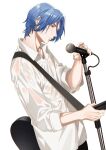  1boy blue_eyes blue_hair dhfz181 hasegawa_langa highres holding holding_microphone long_sleeves male_focus microphone see-through see-through_shirt shirt short_hair simple_background sk8_the_infinity wet white_background white_shirt 