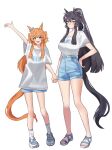  2girls absurdres alternate_costume animal_ears arm_up bandaid bandaid_on_face bandaid_on_nose bangs bare_legs black_hair blue_shorts blush breasts hand_on_hip highres holding_hands horse_ears horse_girl horse_tail large_breasts long_hair looking_at_viewer mayano_top_gun_(umamusume) multiple_girls narita_brian_(umamusume) open_mouth orange_eyes orange_hair oversized_clothes oversized_shirt ponytail sandals shirt shirt_tucked_in shoes short_sleeves shorts simple_background small_breasts smile sneakers socks solo standing tail two_side_up umamusume unneul white_background white_shirt 