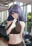  1girl absurdres blurry blush braid braided_ponytail breasts cleavage_cutout clothing_cutout flower genshin_impact gym hair_flower hair_ornament highres large_breasts long_hair midriff mole mole_under_eye navel purple_eyes purple_hair raiden_shogun solo sports_bra sportswear treadmill window yuki_(o2) 