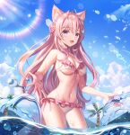  1girl animal_ears bare_shoulders bikini bird blue_sky blush braid breasts cleavage cloud coyote_ears coyote_tail day frilled_bikini frills hair_ornament hairclip hakui_koyori hc_(razel1) highres hololive in_water light_rays long_hair midriff navel ocean open_mouth pink_hair seagull sky smile sparkle standing summer sunbeam sunlight swimsuit tail tree underboob virtual_youtuber water_drop 
