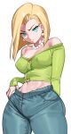  1girl absurdres android_18 aqua_eyes bare_shoulders blonde_hair breasts buttons closed_eyes covered_nipples dragon_ball earrings green_shirt highres jewelry looking_at_viewer midriff navel necklace nia_(nia4294) off-shoulder_shirt off_shoulder pants pearl_necklace shirt simple_background solo white_background 