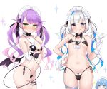  2girls 3girls absurdres amane_kanata angel angel_wings ass_visible_through_thighs bangs bare_shoulders bikini black_bikini blue_eyes blue_hair blush bow bowtie breasts cleavage cocozasa colored_inner_hair cowboy_shot demon_girl demon_tail demon_wings detached_collar ear_piercing elbow_gloves flat_chest gloves green_eyes hair_ornament hairclip hand_on_hip highres hololive hoshimachi_suisei licking_lips light_smile long_hair looking_at_viewer maid_bikini maid_headdress multicolored_hair multiple_girls navel piercing pink_hair purple_eyes purple_hair side-tie_bikini simple_background single_elbow_glove single_glove skindentation small_breasts smile stomach streaked_hair string_bikini swimsuit tail thigh_strap tokoyami_towa tongue tongue_out twintails virtual_youtuber white_background white_gloves wings wrist_cuffs 