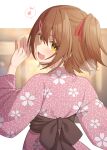  1girl binsen blurry blush brown_hair floral_print from_behind hair_ribbon highres idolmaster idolmaster_million_live! indoors japanese_clothes kasuga_mirai kimono letterboxed looking_at_viewer looking_back musical_note obi one_side_up pink_kimono print_kimono ribbon sash smile solo spoken_musical_note upper_body yellow_eyes 