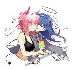  !? 2girls ^^^ absurdres arknights black_sports_bra blue_hair blush cellphone choker closed_eyes cropped_torso fiammetta_(arknights) food halo haobuguniao heart heart-shaped_eyewear highres holding holding_food horns ice_cream long_hair long_sleeves mostima_(arknights) multiple_girls open_mouth parted_lips phone pink_hair shirt short_hair simple_background spoken_interrobang sports_bra tail upper_body white_background white_shirt yuri 