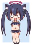  1girl :d animal_ear_fluff animal_ears arms_behind_back bangs bare_shoulders bikini black_bikini black_footwear black_hair blue_archive blue_background blue_ribbon blush cat_ears chibi collarbone fang full_body groin hair_between_eyes hair_ribbon halo hana_kazari highres long_hair looking_at_viewer navel o_o off-shoulder_bikini off_shoulder revision ribbon sandals serika_(blue_archive) serika_(swimsuit)_(blue_archive) smile solo standing swimsuit twintails two-tone_background very_long_hair white_background 