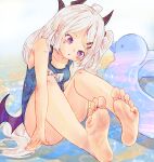  1girl :o ahoge barefoot beach blue_archive chaosexceed feet foot_focus highres hina_(blue_archive) purple_eyes simple_background sitting soles solo swimsuit toes wet white_hair 