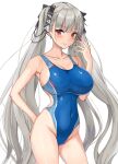  1girl amagi_(amagi626) arm_behind_back azur_lane black_nails blue_swimsuit blush breasts cleavage collarbone commentary_request covered_navel cowboy_shot earrings formidable_(azur_lane) grey_hair hand_on_own_face highres jewelry large_breasts long_hair looking_at_viewer red_eyes simple_background smile solo swimsuit taut_clothes taut_swimsuit twintails very_long_hair white_background 
