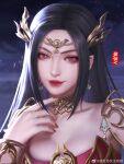  1girl black_hair cai_lin_(doupo_cangqiong) closed_mouth doupo_cangqiong dress earrings face hair_ornament highres jewelry long_hair night night_sky red_dress red_eyes red_nails second-party_source shiny shiny_hair sky smile solo upper_body wei_an_van_hua_shi 