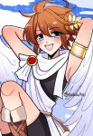  1boy angel angel_wings armlet arms_behind_back asukaaasuu blue_eyes blush cloud highres kid_icarus kid_icarus_uprising laurel_crown looking_at_viewer pit_(kid_icarus) sky smile sparkle teeth tongue twitter_username upper_teeth white_wings wings 