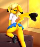  anthro blonde_hair bottomless butt can_of_stars canister_(artist) clothed clothing female genitals hair hi_res light looking_at_viewer nintendo pikachu pok&eacute;mon pok&eacute;mon_(species) pussy rear_view solo sunlight video_games yellow_body 
