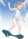  1girl absurdres blonde_hair blue_eyes cloud from_below full_body hair_bobbles hair_ornament highres long_hair looking_down one-piece_swimsuit open_mouth original outdoors pop_(electromagneticwave) school_swimsuit skateboard sky smile socks solo swimsuit thighs twintails white_swimsuit 