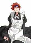  1boy apron black_gloves black_legwear blue_headband dhfz181 gloves headband highres juliet_sleeves kyan_reki long_sleeves looking_at_viewer maid maid_apron male_focus puffy_sleeves red_hair short_hair simple_background sitting sk8_the_infinity smile white_apron white_background yellow_eyes 