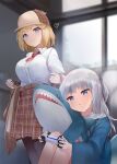 2girls :t bad_id bad_pixiv_id bangs blonde_hair blue_eyes blue_hair blue_hoodie blush breasts brown_headwear brown_jacket brown_skirt closed_mouth collared_shirt controller game_controller gawr_gura grey_hair grin hair_ornament hat heart holding holding_controller holding_game_controller hololive hololive_english hood hoodie indoors jacket kananote knees_up large_breasts long_sleeves multicolored_hair multiple_girls necktie off_shoulder one_side_up pantyhose plaid plaid_skirt red_necktie shark_hair_ornament shirt short_hair sitting skirt smile standing streaked_hair stuffed_animal stuffed_shark stuffed_toy virtual_youtuber watson_amelia white_shirt 