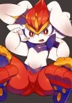  absurd_res ambiguous_gender bodily_fluids butt_from_the_front cheek_tuft cinderace facial_tuft featureless_crotch feet fluffy_ears fur glistening glistening_body hi_res minamo_(pixiv17726065) nintendo open_mouth pawpads pok&eacute;mon pok&eacute;mon_(species) red_body red_eyes red_fur signature solo spread_legs spreading tears teeth thick_arms thick_thighs tuft video_games white_body white_fur 