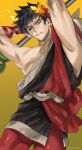  1boy arms_up belt black_hair black_sclera colored_sclera greek_clothes green_eyes hades_(game) heterochromia highres laurel_crown male_focus mismatched_sclera neko_(umkbtya) polearm red_eyes single_bare_shoulder skull weapon yellow_background zagreus_(hades) 