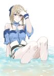  1girl bangs blonde_hair blue_eyes blush bow breasts genshin_impact grin hair_bow highres jean_(genshin_impact) jean_(sea_breeze_dandelion)_(genshin_impact) large_breasts long_hair looking_at_viewer partially_submerged ponytail sidelocks sitting sketch smile solo takuan_(takuanlunch) water wet 