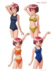  1girl arm_up bangs bikini blue_eyes blue_swimsuit blush casual_one-piece_swimsuit closed_eyes clothes_writing copyright_name cropped_legs hand_on_own_head highres hinomoto_hikari kokura_masashi looking_at_viewer mole mole_under_eye multiple_views navel non-web_source official_art one-piece_swimsuit open_mouth orange_bikini page_number red_hair short_hair simple_background smile striped striped_bikini swimsuit tokimeki_memorial tokimeki_memorial_2 variations white_background 
