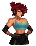  1990s_(style) 1girl abs black_pants blue_tank_top breasts cleavage crop_top cropped_legs david_liu elbow_pads english_commentary hair_bun hand_wraps hands_on_hips highres large_breasts maria_(space_maria) messy_hair midriff multiple_scars pants red_eyes red_hair retro_artstyle scar scar_on_arm scar_on_cheek scar_on_face scar_on_stomach single_hair_bun solo space_maria tank_top thick_thighs thighs tight tight_pants updo upper_body white_background 