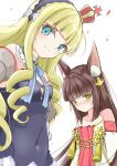  2girls animal_ear_fluff animal_ears azur_lane bangs bare_shoulders blonde_hair blue_dress blue_eyes blunt_bangs breasts brown_eyes brown_hair buri-chan_(britishpine1989) covered_navel crown curly_hair detached_sleeves dress fox_ears gloves grey_sleeves hair_ornament hairband highres long_hair mini_crown multiple_girls nagato_(azur_lane) queen_elizabeth_(azur_lane) red_dress small_breasts strapless strapless_dress upper_body white_gloves white_sleeves 