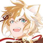  1boy animal_ears aqua_eyes brown_hair dhfz181 dog_boy dog_ears fang genshin_impact gorou_(genshin_impact) hair_ornament looking_at_viewer male_focus multicolored_hair open_mouth red_eyeliner short_hair smile streaked_hair white_hair 