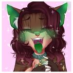  anthro blush bodily_fluids collar domestic_cat facial_piercing felid feline felis female hair kiwikltten mammal nose_piercing nose_ring piercing ring_piercing saliva solo 