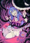  1girl ahoge blue_hair breasts cleavage highres monster original parororo pink_footwear pink_shirt saliva saliva_drip shirt skirt teeth tentacles thighhighs wavy_mouth white_legwear 