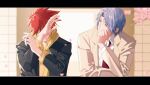  2boys blue_eyes blue_hair crying dhfz181 hasegawa_langa highres kyan_reki long_sleeves looking_at_another male_focus medium_hair multiple_boys necktie petals red_hair red_necktie school_uniform short_hair sk8_the_infinity 