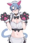  1girl animal_ears animal_hands aochoku apron bangs bell black_bow black_bowtie blue_eyes blue_hair bow bowtie breasts cat_ears cat_paws cleavage closed_mouth collar detached_collar glasses gloves hands_up highres large_breasts maid_headdress midriff neck_bell original parted_bangs paw_gloves puffy_short_sleeves puffy_sleeves round_eyewear short_hair short_sleeves solo sweatdrop upper_body waist_apron wavy_mouth 