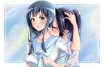  2girls absurdres adjusting_clothes bangs black_hair blue_hair blue_neckerchief blue_sailor_collar blush closed_eyes embarrassed feathers hand_on_another&#039;s_head hand_up hibike!_euphonium highres kaije7 kasaki_nozomi kiss kissing_neck kitauji_high_school_uniform liz_to_aoi_tori long_hair looking_at_another looking_back multiple_girls neckerchief parted_lips ponytail red_eyes sailor_collar school_uniform serafuku shirt short_sleeves white_shirt yoroizuka_mizore yuri 