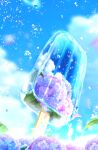  absurdres artist_name bubble cloud cloudy_sky day dessert falling_petals flower food highres ice_cream leaf makoron117117 melting original petals plant reflection reflective_water scenery signature sky transparent water_drop wood 
