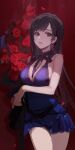  1girl absurdres armpit_crease bangs bare_arms between_breasts black_hair blue_dress blurry blurry_background breasts ciloranko cleavage cowboy_shot dress earrings english_commentary falling_petals final_fantasy final_fantasy_vii final_fantasy_vii_remake flower highres jewelry large_breasts long_hair looking_at_viewer parted_lips petals red_eyes red_flower red_rose rose short_dress sleeveless sleeveless_dress solo swept_bangs thighs tifa_lockhart tifa_lockhart&#039;s_refined_dress 