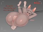  3_toes absurd_res anthro anus barefoot bdsm big_butt blush bodily_fluids body_blush bondage bound butt countershade_feet countershading cuff_(restraint) disney exposed feet female genitals handcuffs hands_behind_head hi_res holaxes judy_hopps lagomorph legs_up leporid long_ears looking_at_viewer lying mammal metal_cuffs on_back paws plantigrade pussy pussy_blush rabbit recording restrained restraints rope soles solo submissive submissive_female sweat text tiny_tail toes zootopia 