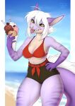  2022 5_fingers absurd_res anthro breasts clothed clothing day detailed_background digital_media_(artwork) dragon female fingers green_eyes hair hi_res kyotoleopard midriff navel non-mammal_breasts open_mouth outside sky smile teeth tongue white_hair wingless_dragon 