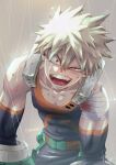  1boy bakugou_katsuki bandaged_arm bandages bare_shoulders black_bodysuit blonde_hair blood blood_on_bandages bodysuit boku_no_hero_academia commentary green_belt grey_background highres looking_at_viewer making-of_available male_focus open_mouth pectoral_cleavage pectorals rain red_eyes short_hair signature solo spiked_hair teeth tomomin_1129 water 