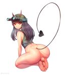  1boy anus ass bare_shoulders black_hair bottomless camouflage camouflage_shirt commission crop_top curvy helmet highres kokman long_hair looking_back male_focus military_helmet otoko_no_ko penis perineum red_eyes shiny shiny_skin shirt smile tail testicles toes 