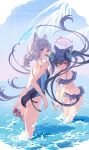  2girls absurdres animal_ear_fluff animal_ears ass bangs bare_arms bare_shoulders bikini bikini_skirt black_hair blue_archive blush breasts cat_ears collarbone competition_swimsuit covered_mouth earrings fang fish floating_hair frilled_bikini frills grey_hair hair_between_eyes hair_ribbon halo highres holding jewelry leaning_forward long_hair looking_at_viewer looking_back majiang medium_hair multiple_girls navel ocean octopus off-shoulder_bikini off_shoulder one-piece_swimsuit open_mouth outdoors ponytail red_eyes ribbon serika_(blue_archive) serika_(swimsuit)_(blue_archive) shiroko_(blue_archive) shiroko_(swimsuit)_(blue_archive) sidelocks skin_fang small_breasts standing swimsuit thighs twintails two-tone_swimsuit very_long_hair wading water wet 