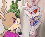  1girl 2boys animal_costume arm_behind_head artist_name axe burntrap five_nights_at_freddy&#039;s five_nights_at_freddy&#039;s:_security_breach fullbban_g glitchtrap green_eyes half-closed_eyes highres knife multiple_boys purple_eyes rabbit_costume red_eyes ribbon smirk teeth twitter_username vanny_(fnaf) weapon 