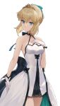  1girl absurdres artoria_pendragon_(fate) bangs bare_shoulders black_bow blonde_hair blue_eyes bow breasts choker closed_mouth collarbone cotta_(heleif) crown dress fate/grand_order fate/stay_night fate_(series) gloves gold green_bow hair_between_eyes hair_bow hair_ornament hands_on_own_breasts highres jewelry ornament ribbon_choker saber short_hair simple_background sleeveless small_breasts solo standing upper_body white_background white_dress white_gloves 