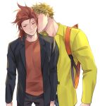  2boys backpack bag black_jacket black_pants blonde_hair closed_eyes closed_mouth granblue_fantasy jacket looking_to_the_side male_focus multiple_boys open_clothes open_jacket pants percival_(granblue_fantasy) red_eyes red_hair red_shirt shirt short_hair simple_background touya_tsuzuru vane_(granblue_fantasy) white_background white_shirt yaoi yellow_jacket 