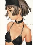  1girl absurdres armband bare_shoulders black_bra bra breasts brown_eyes brown_hair choker earrings highres jewelry looking_to_the_side murata_range non-web_source nostrils official_art original parted_lips short_hair small_breasts underwear white_background 