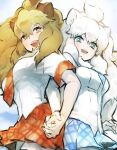  2girls animal_ears big_hair blonde_hair blue_eyes blue_necktie blue_skirt blush commentary_request cowboy_shot fangs holding_hands kemono_friends lion_(kemono_friends) lion_ears lion_girl lion_tail long_hair looking_at_viewer multiple_girls nan_okitsune necktie open_mouth plaid plaid_necktie plaid_skirt plaid_trim pleated_skirt red_necktie red_skirt shirt short_sleeves skirt t-shirt tail thighhighs white_hair white_lion_(kemono_friends) white_shirt yellow_eyes zettai_ryouiki 