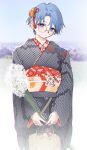  1girl aochoku bag black_kimono blue_eyes blue_hair blurry blurry_background closed_mouth earrings feet_out_of_frame glasses hair_ornament holding holding_bag japanese_clothes jewelry kimono long_sleeves obi orange_eyes original parted_lips round_eyewear sash short_hair smile solo stud_earrings wide_sleeves 