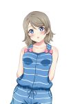  1girl arms_behind_back blonde_hair blue_eyes blush collarbone cowboy_shot drawstring head_tilt horizontal-striped_shirt love_live! love_live!_sunshine!! medium_hair open_mouth reminiscence202 solo watanabe_you white_background 