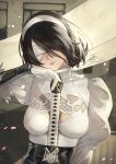  1girl black_hair blindfold breasts cleavage fadingz gloves hairband highres holding holding_sword holding_weapon lips looking_at_viewer medium_breasts mole mole_under_mouth nier_(series) nier_automata parted_lips pixiv_id short_hair signature sword upper_body weapon white_gloves white_hairband yorha_type_p_no._2 