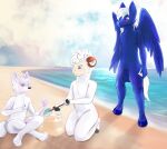  absurd_res anthro backlighting balls beach blue_body blue_eyes bovid canid canine canis caprine cutie_mark detailed_background equid equine fur genitals group hi_res hooves horn light lighting male male/male mammal my_little_pony pawpads pegasus pink_eyes pink_pawpads pride_color_flag purple_eyes sand sand_castle sculpture seaside sheep stri trio water white_body wings wolf wool_(fur) 