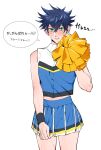  1boy bangs blue_hair blue_skirt blush cheerleader commentary_request crop_top crossdressing eyelashes fushiguro_megumi green_eyes hair_between_eyes highres holding holding_pom_poms iinikukuiita jujutsu_kaisen looking_at_viewer male_focus midriff navel nervous_smile pleated_skirt pom_pom_(cheerleading) short_hair simple_background skirt smile solo speech_bubble spiked_hair standing teeth translation_request white_background wristband 